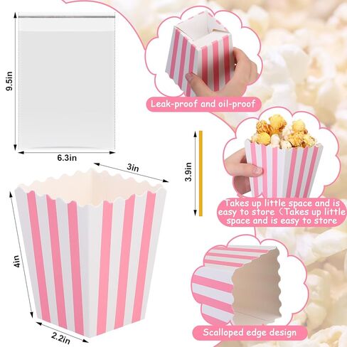 Geyoga 200 Pcs Pastel Pink Popcorn Boxes and Clear Treat Bag Set 3 x 4 Inch Open Top Pastel Pink and White Striped Paper Popcorn Boxes Containers with Treat Bags for Party Favor Supplies in Kuwait