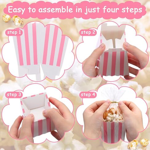Geyoga 200 Pcs Pastel Pink Popcorn Boxes and Clear Treat Bag Set 3 x 4 Inch Open Top Pastel Pink and White Striped Paper Popcorn Boxes Containers with Treat Bags for Party Favor Supplies in Kuwait
