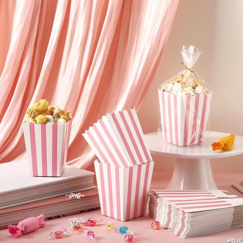 Geyoga 200 Pcs Pastel Pink Popcorn Boxes and Clear Treat Bag Set 3 x 4 Inch Open Top Pastel Pink and White Striped Paper Popcorn Boxes Containers with Treat Bags for Party Favor Supplies in Kuwait
