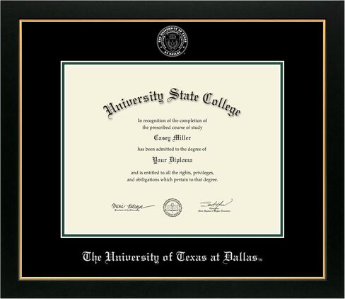 The University of Texas At Dallas 14" w x 11" h Diploma Frame - Fits a bachelor's, master's and phd - Gold Embossed Diploma Frame - Black Moulding with Black and Tartan Green Matting in Saudi Arabia