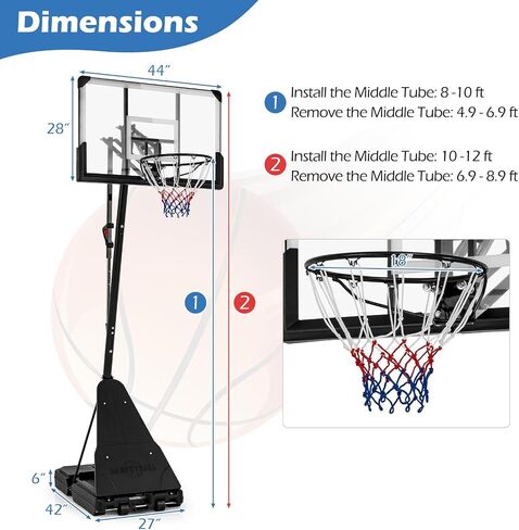 Gymax Basketball Hoop ، 4.9-10 قدم هدف كرة السلة قابل للتعديل مع اللوحة الخلفية 44 بوصة ، صفيحة وعجلات للأطفال البالغين ، طوق لكرة السلة المحمولة للداخلية والخارجية in Kuwait