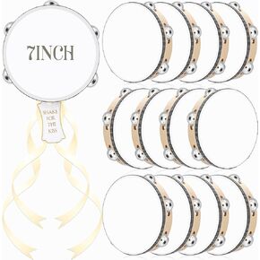 12 Set 7 Inch Tambourine for Adults Tambourines Bulk Wooden Hand Held Drum with Metal Jingles, Gift Tags, Ribbon Percussion Gift Musical Instrument for Church Wedding(Single Row) in Kuwait