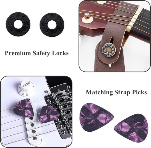 Hennaja Adjustable Guitar Strap Includes 2 Strap Locks & 2 Matching Picks & 1 Picks Holder & 1 leather Strap Button. in Kuwait