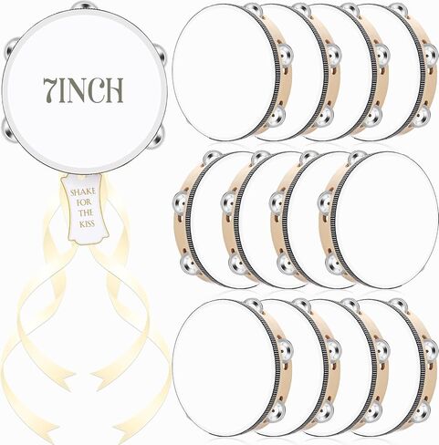 12 Set 7 Inch Tambourine for Adults Tambourines Bulk Wooden Hand Held Drum with Metal Jingles, Gift Tags, Ribbon Percussion Gift Musical Instrument for Church Wedding(Single Row) in Kuwait