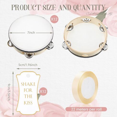 12 Set 7 Inch Tambourine for Adults Tambourines Bulk Wooden Hand Held Drum with Metal Jingles, Gift Tags, Ribbon Percussion Gift Musical Instrument for Church Wedding(Single Row) in Kuwait