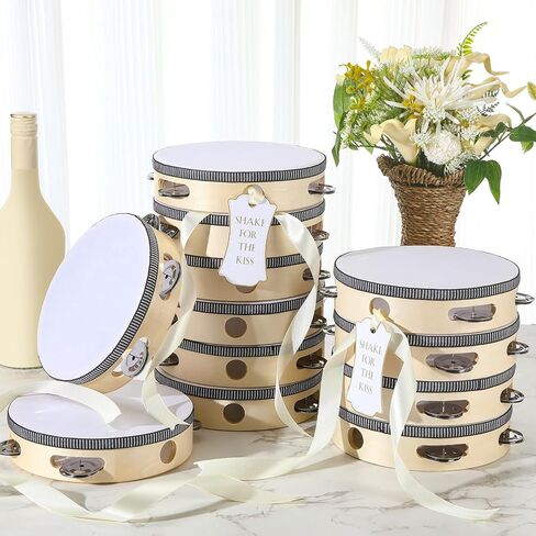 12 Set 7 Inch Tambourine for Adults Tambourines Bulk Wooden Hand Held Drum with Metal Jingles, Gift Tags, Ribbon Percussion Gift Musical Instrument for Church Wedding(Single Row) in Kuwait