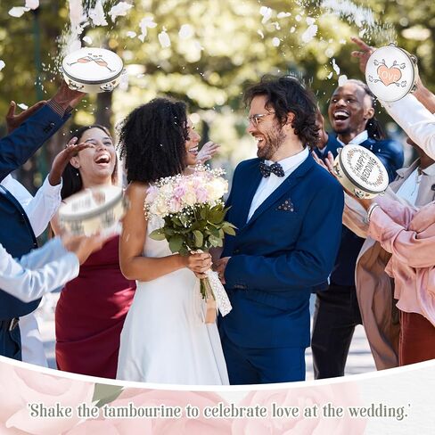 12 Set 7 Inch Tambourine for Adults Tambourines Bulk Wooden Hand Held Drum with Metal Jingles, Gift Tags, Ribbon Percussion Gift Musical Instrument for Church Wedding(Single Row) in Kuwait