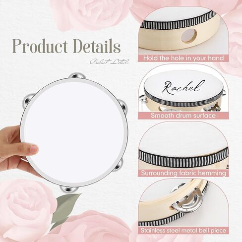 12 Set 7 Inch Tambourine for Adults Tambourines Bulk Wooden Hand Held Drum with Metal Jingles, Gift Tags, Ribbon Percussion Gift Musical Instrument for Church Wedding(Single Row) in Kuwait