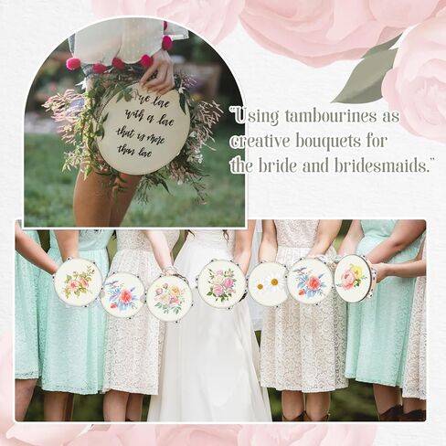 12 Set 7 Inch Tambourine for Adults Tambourines Bulk Wooden Hand Held Drum with Metal Jingles, Gift Tags, Ribbon Percussion Gift Musical Instrument for Church Wedding(Single Row) in Kuwait