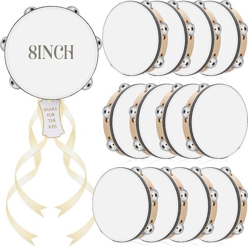 12 Set 7 Inch Tambourine for Adults Tambourines Bulk Wooden Hand Held Drum with Metal Jingles, Gift Tags, Ribbon Percussion Gift Musical Instrument for Church Wedding(Single Row) in Saudi Arabia