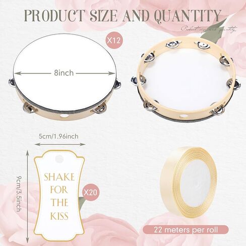 12 Set 7 Inch Tambourine for Adults Tambourines Bulk Wooden Hand Held Drum with Metal Jingles, Gift Tags, Ribbon Percussion Gift Musical Instrument for Church Wedding(Single Row) in Saudi Arabia