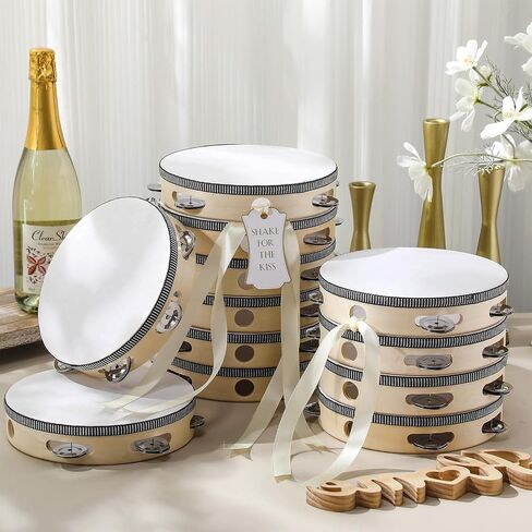 12 Set 7 Inch Tambourine for Adults Tambourines Bulk Wooden Hand Held Drum with Metal Jingles, Gift Tags, Ribbon Percussion Gift Musical Instrument for Church Wedding(Single Row) in Saudi Arabia