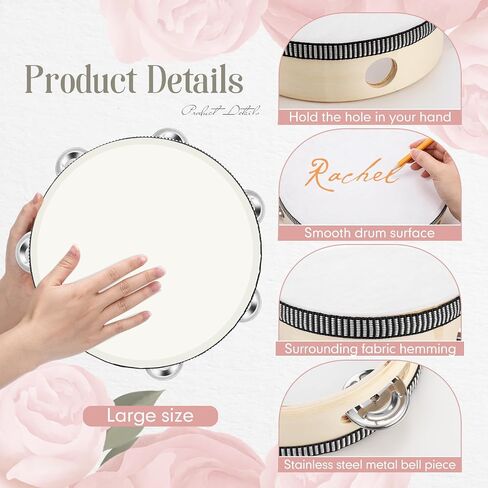 12 Set 7 Inch Tambourine for Adults Tambourines Bulk Wooden Hand Held Drum with Metal Jingles, Gift Tags, Ribbon Percussion Gift Musical Instrument for Church Wedding(Single Row) in Saudi Arabia