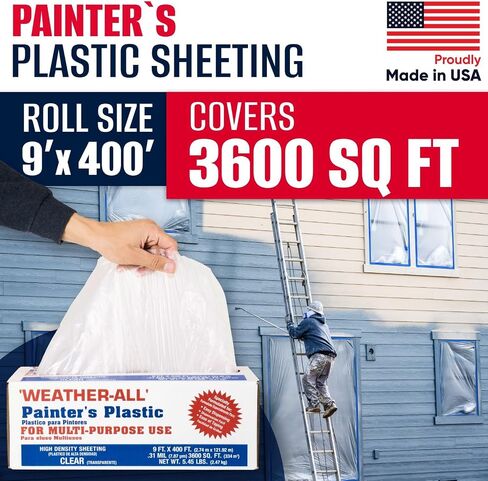 Weather-All Clear Painters Plastic Sheeting 9' x 400' (3600 sq ft) – 0.31 Mil High-Density Polyethylene Roll in Self-Dispensing Box – Dust Barrier, Surface Protection for Painting and Construction in Saudi Arabia