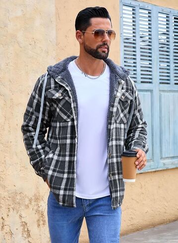 Shawnda Men's Sherpa Hooded Flannel Jacket Stack in Kuwait