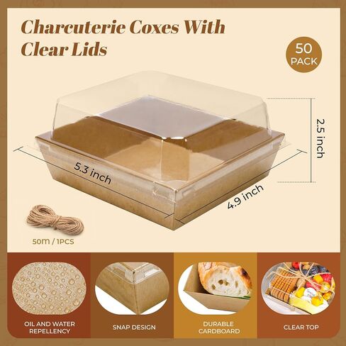 50 Pack Charcuterie Boxes with Clear Lids 5.3x4.9x2.5 Inch Paper Mini Charcuterie Box Takeout Containers for Cookie Cake Slice Sandwich Strawberries(Brown) in Kuwait