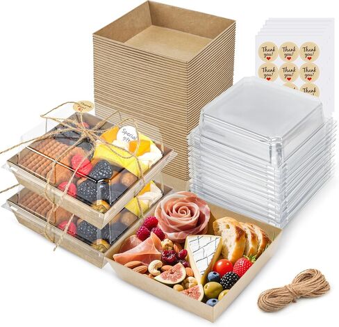 50 Pack Charcuterie Boxes with Clear Lids 5.3x4.9x2.5 Inch Paper Mini Charcuterie Box Takeout Containers for Cookie Cake Slice Sandwich Strawberries(Brown) in Kuwait
