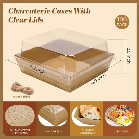 50 Pack Charcuterie Boxes with Clear Lids 5.3x4.9x2.5 Inch Paper Mini Charcuterie Box Takeout Containers for Cookie Cake Slice Sandwich Strawberries(Brown) in Kuwait