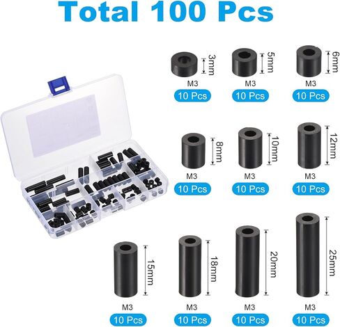 PATIKIL M5 Nylon Spacer Set, 100Pcs Non-Threaded ABS Round Spacer Standoff Assortment Electrical Outlet Spacers for PCB Motherboard, Circuit Board, Switch and Receptacle, Black in Kuwait