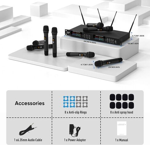 Wireless Microphone System, Pro 8 Channel UHF Mics Set with Metal Cordless Handheld Mics & Receiver, 200 Adjustable Frequency, 300ft Range for Singing, Church, Karaoke, Party in Kuwait