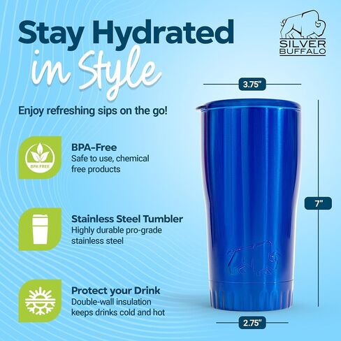 Silver Buffalo Double Walled Vacuum Insulated Stainless Steel Tumbler With Easy Sip Lid Keeps Hot and Cold, Travel Coffee Mug Clear Lid, 20 Ounces, Ombre Silver in Saudi Arabia