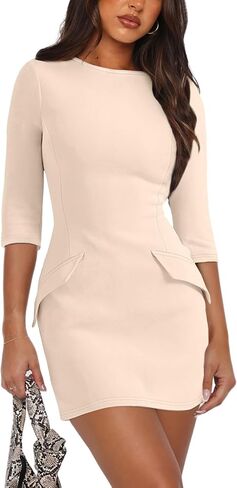 Fall Bodycon Dresses for Women 2025 Spring 3/4 Sleeve Mini Dress Crew Neck Party Club Cute Short Dress in Saudi Arabia