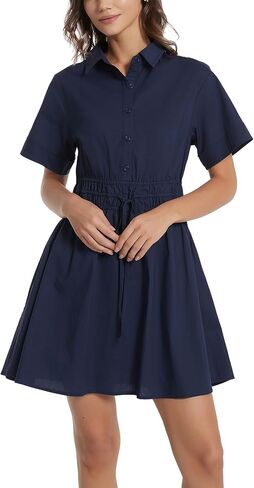 D-Sun Women Casual Button Down Shirt Dress V-Neck Short Sleeve Tie Waist Mini Shirt A-Line Flowy Elegant Short Party Dress in Saudi Arabia