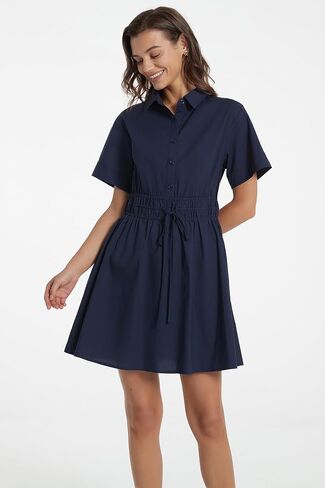 D-Sun Women Casual Button Down Shirt Dress V-Neck Short Sleeve Tie Waist Mini Shirt A-Line Flowy Elegant Short Party Dress in Saudi Arabia