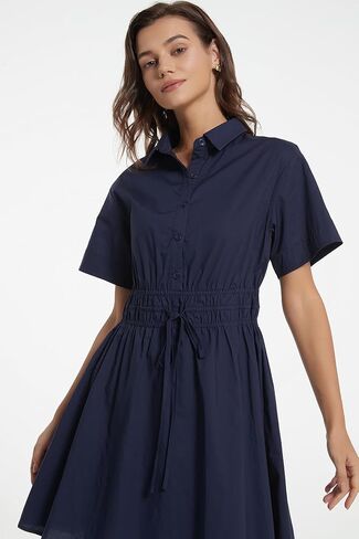 D-Sun Women Casual Button Down Shirt Dress V-Neck Short Sleeve Tie Waist Mini Shirt A-Line Flowy Elegant Short Party Dress in Saudi Arabia