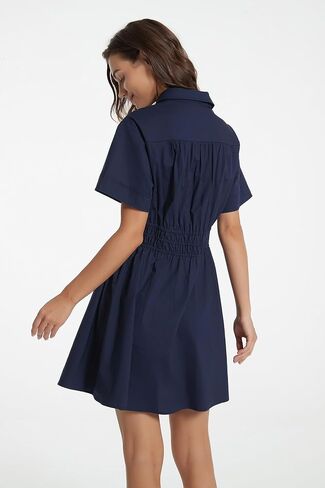 D-Sun Women Casual Button Down Shirt Dress V-Neck Short Sleeve Tie Waist Mini Shirt A-Line Flowy Elegant Short Party Dress in Saudi Arabia