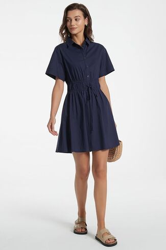 D-Sun Women Casual Button Down Shirt Dress V-Neck Short Sleeve Tie Waist Mini Shirt A-Line Flowy Elegant Short Party Dress in Saudi Arabia