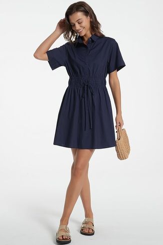 D-Sun Women Casual Button Down Shirt Dress V-Neck Short Sleeve Tie Waist Mini Shirt A-Line Flowy Elegant Short Party Dress in Saudi Arabia