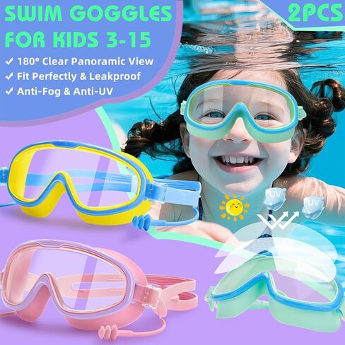 2 Pack Swim Goggles for Kids 3-15 Years Old, HD Large Frame Anti-Fog Pool Swimming Goggles for Children Toddler in Saudi Arabia