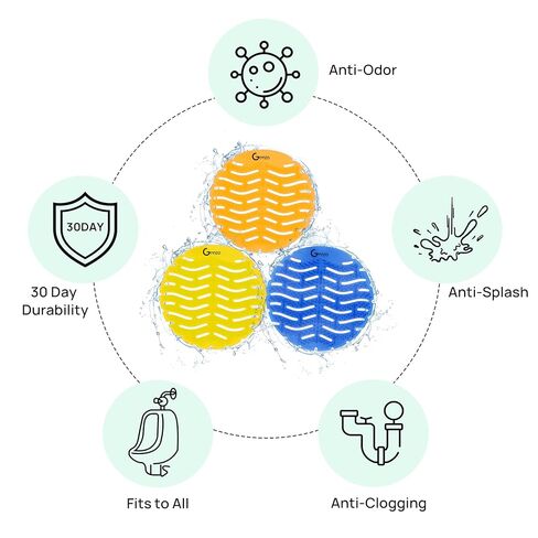 GENZO 50 Pack Urinal Screen Deodorizer, Anti-Splash & Long-Lasting Fragrance Urinal Cakes with Gloves, 17 Yellow, 17 Orange and 16 Blue Urinal Pads Fits to All Toilets in Saudi Arabia