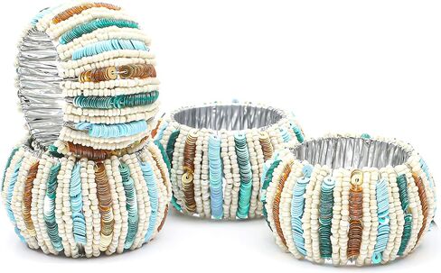 Goroly Home Home Handmade Multi Sequin Beaded Beded Rings Set ، حلقات منديل مثالية لعيد الميلاد ، عيد الشكر ، الأحداث ، التجمعات العائلية ، الاستخدام اليومي - قم بتعيين طاولتك بأسلوب - 4 حزمة Teal Multi in Kuwait