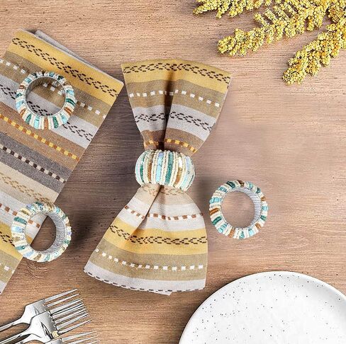 Goroly Home Home Handmade Multi Sequin Beaded Beded Rings Set ، حلقات منديل مثالية لعيد الميلاد ، عيد الشكر ، الأحداث ، التجمعات العائلية ، الاستخدام اليومي - قم بتعيين طاولتك بأسلوب - 4 حزمة Teal Multi in Kuwait