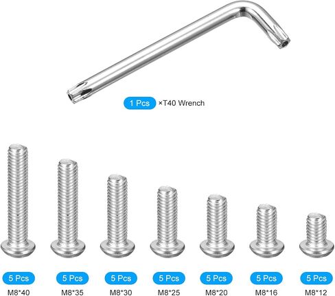 uxcell M8 Torx Security Screws Kit, (M8x12/16/20/25/30/35/40mm) 35pcs 304 Stainless Steel Round Head Tamper Proof Screw, W 1pcs T40 Wrench Bolts in Saudi Arabia