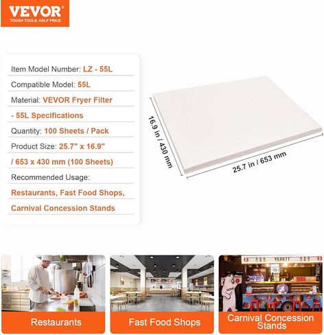 Vevor Fryer Filter Paper 100 pack ، ورقة مرشح الزيت 25.7 "× 16.9" ، مناسبة لوحدات ترشيح مقلاة متنقلة 55L-58L ، مثالية للمطاعم ، منافذ الوجبات السريعة ، ومقعورات المهرجانات in Kuwait