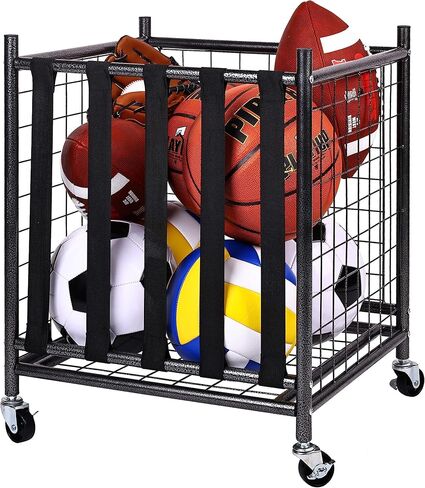 Sports Equipment Organizer, Ball Storage Cart with Baskets and Hooks, Rolling Gear Storage for Garage, Black Steel in Kuwait
