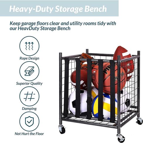 Sports Equipment Organizer, Ball Storage Cart with Baskets and Hooks, Rolling Gear Storage for Garage, Black Steel in Kuwait
