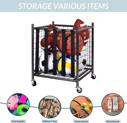 Sports Equipment Organizer, Ball Storage Cart with Baskets and Hooks, Rolling Gear Storage for Garage, Black Steel in Kuwait