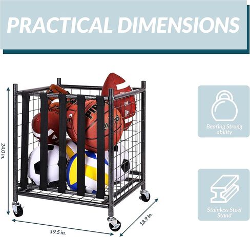 Sports Equipment Organizer, Ball Storage Cart with Baskets and Hooks, Rolling Gear Storage for Garage, Black Steel in Kuwait