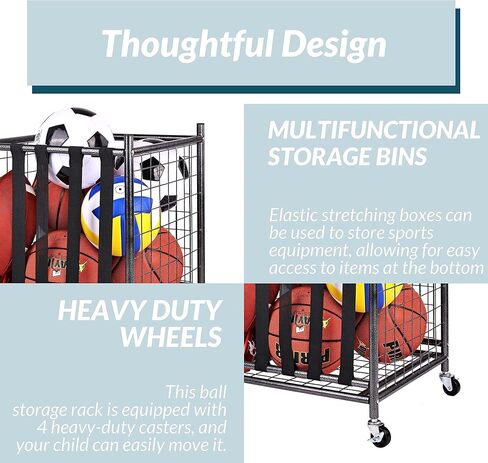 Sports Equipment Organizer, Ball Storage Cart with Baskets and Hooks, Rolling Gear Storage for Garage, Black Steel in Kuwait