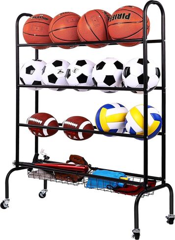 Sports Equipment Organizer, Ball Storage Cart with Baskets and Hooks, Rolling Gear Storage for Garage, Black Steel in Saudi Arabia