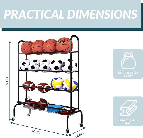Sports Equipment Organizer, Ball Storage Cart with Baskets and Hooks, Rolling Gear Storage for Garage, Black Steel in Saudi Arabia