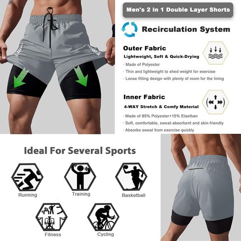 Men's 2 in 1 Running Shorts Quick Dry Athletic Gym Shorts Lightweight Workout Shorts with Zip Pockets in Saudi Arabia