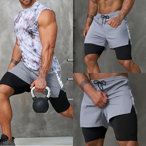 Men's 2 in 1 Running Shorts Quick Dry Athletic Gym Shorts Lightweight Workout Shorts with Zip Pockets in Saudi Arabia