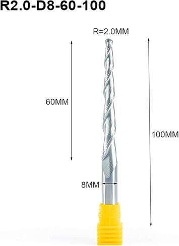Carbide Milling Cutter 4pc HRC55 R0.5-R2.0xD8x60x100mm Tapered Ball End Mill With Tungsten Carbide Coating Tapered Cone Cnc Wood Milling Cutter (Dimensions : R1.0XD8X60X100mm) in Saudi Arabia