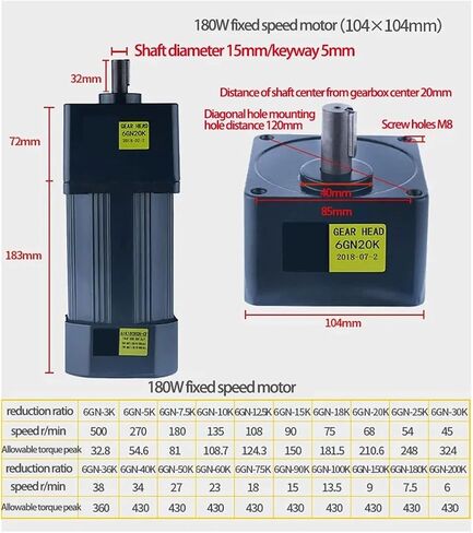 محرك غير متزامن 180W 110V AC التروس الثابتة سرعة محرك واحد المرحلة عالية العزم 6IK180GN-AF التباطؤ المحرك غير المتزامن (35 دورة في الدقيقة) in Kuwait