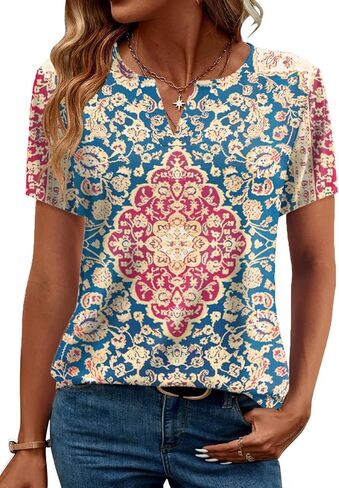 Aztec Print T ermts النساء الغربيات القبلية الإثنية على الطراز القصيرة القصيرة القميص القميص القميص الحفل الموسيقي. in Kuwait
